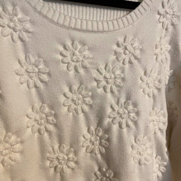 Chelsea & Theodore 2X Cream Textured Daisy Knit Sweater | Cozy Floral Pullover - Picture 3 of 6